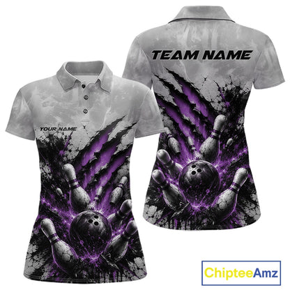 Front and back view of a women's bowling polo shirt mockup showcasing a dramatic purple bowling ball and pins graphic with bold claw-mark artwork on a gray shirt.