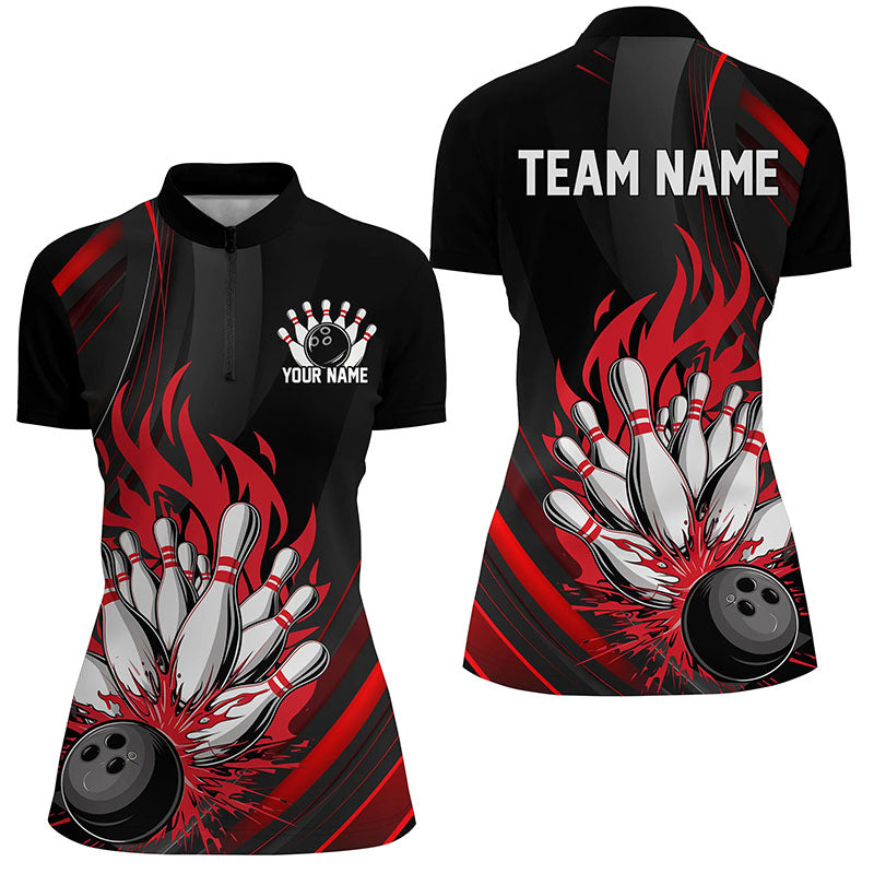 Personalized Ladies Bowling Shirts, Black And Red Flame Bowling Team Shirts Bowlers Outfit IPHW7207