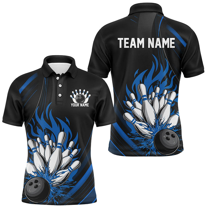 Personalized Bowling Shirts For Men, Black And Blue Flame Bowling Team Shirt Bowlers Outfit IPHW7208