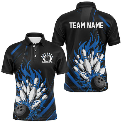 Personalized Bowling Shirts For Men, Black And Blue Flame Bowling Team Shirt Bowlers Outfit IPHW7208