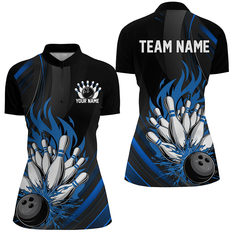 Personalized Ladies Bowling Shirts, Black And Blue Flame Bowling Team Shirt Bowlers Outfit IPHW7208
