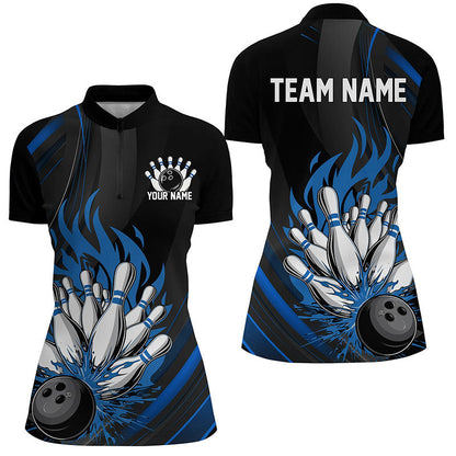 Personalized Ladies Bowling Shirts, Black And Blue Flame Bowling Team Shirt Bowlers Outfit IPHW7208