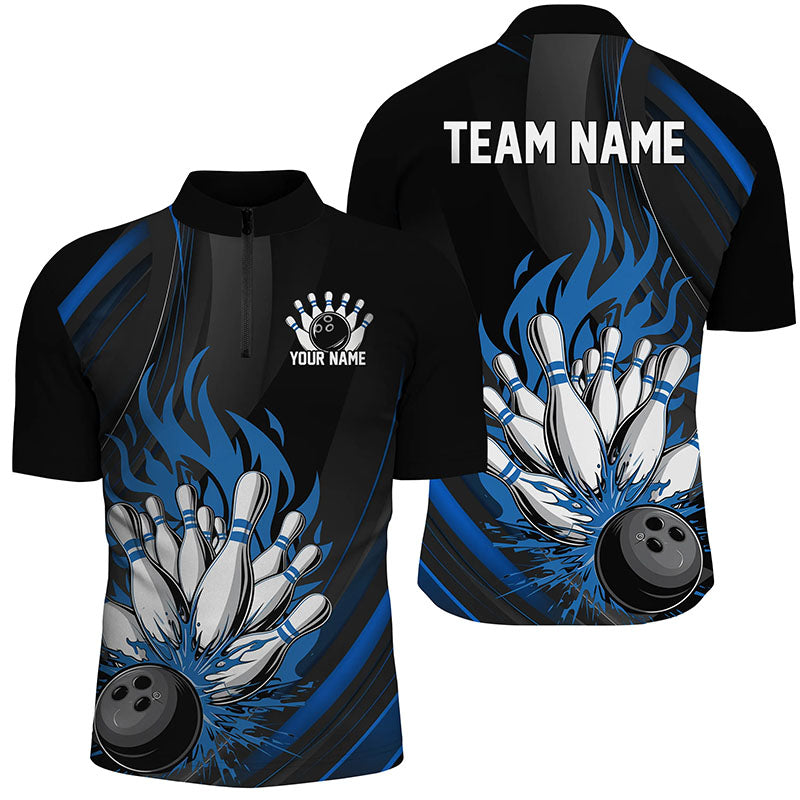 Personalized Bowling Shirts For Men, Black And Blue Flame Bowling Team Shirt Bowlers Outfit IPHW7208