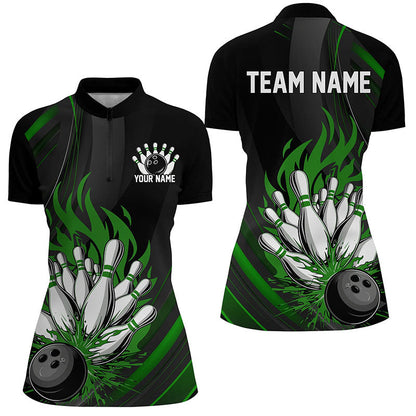 Personalized Ladies Bowling Shirts, Black And Green Flame Bowling Team Shirt Bowlers Outfit IPHW7209