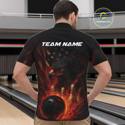Custom Vintage Patriotic Flame Eagle Bowling Men Shirts, US Flag Bowling League Shirt IPHW10145