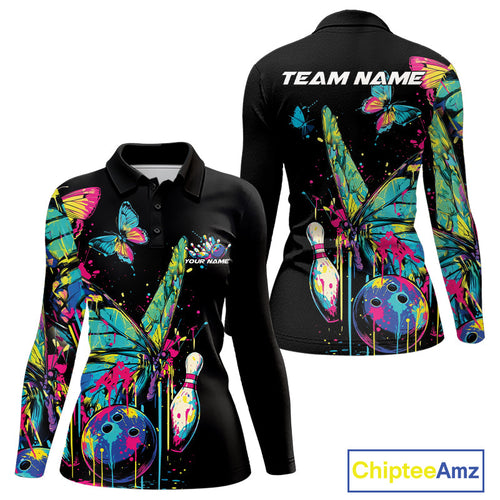 Custom Colorful Butterfly Bowling Team Shirt For Women, Ladies Bowling Outfits IPHW10154
