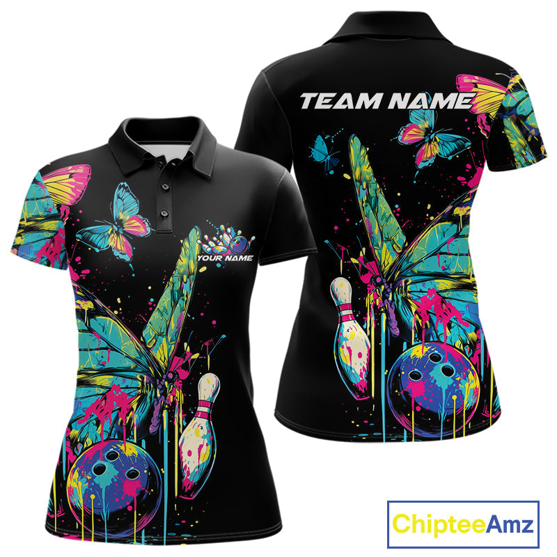 Custom Colorful Butterfly Bowling Team Shirt For Women, Ladies Bowling Outfits IPHW10154
