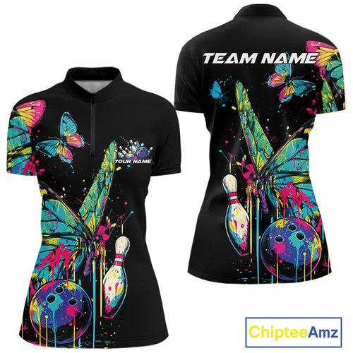 Custom Colorful Butterfly Bowling Team Shirt For Women, Ladies Bowling Outfits IPHW10154