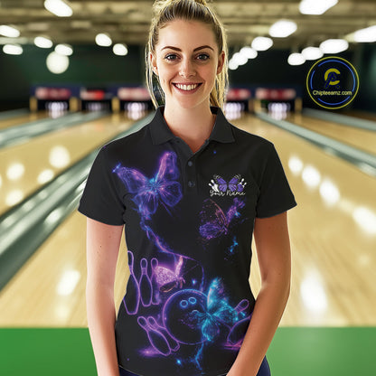 Custom Blue And Purple Butterfly Women Bowling Team Shirts, Ladies Bowling League Shirt IPHW10156