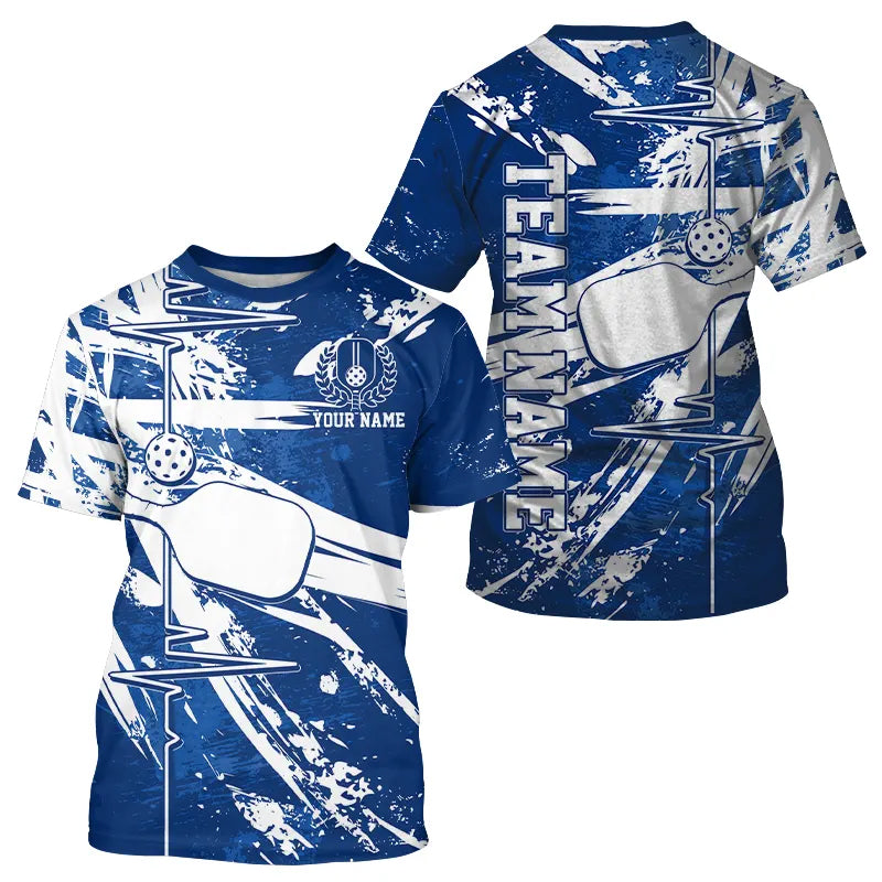 Blue And White Pickleball Heartbeat Pulse Line Custom Pickleball Team T-Shirts For Men IPHW8211