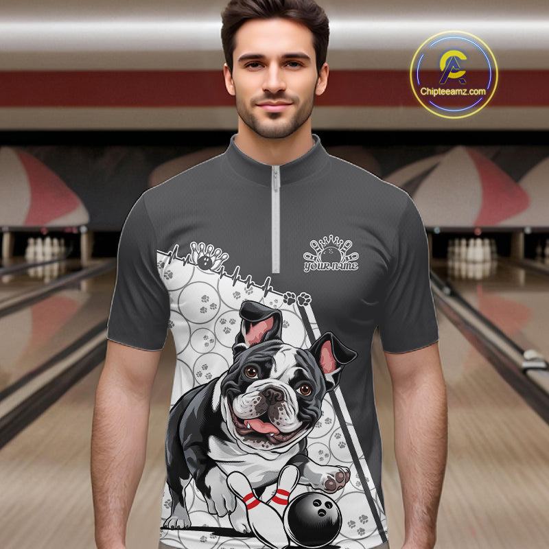 Custom Cute Funny French Bulldog Bowling Men Quarter-Zip Shirts, Dog Lovers Bowling Shirt IPHW10289