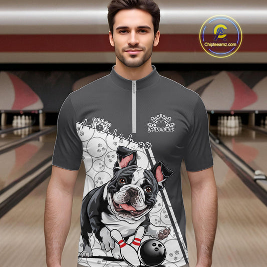 Custom Cute Funny French Bulldog Bowling Men Quarter-Zip Shirts, Dog Lovers Bowling Shirt IPHW10289