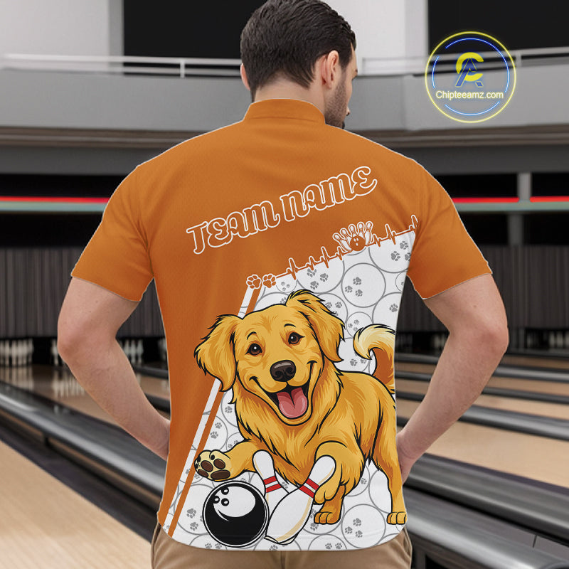 Custom Cute Funny Golden Retriever Dog Bowling Men Quarter-Zip Shirts, Dog Lovers Bowling Shirt IPHW10290