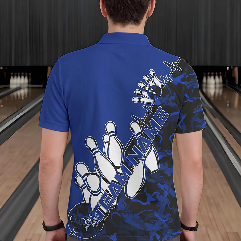Custom Blue Camo Strike Bowling Polo Shirts For Men, Strike Team Bowling League Shirt Shirt IPHW8446