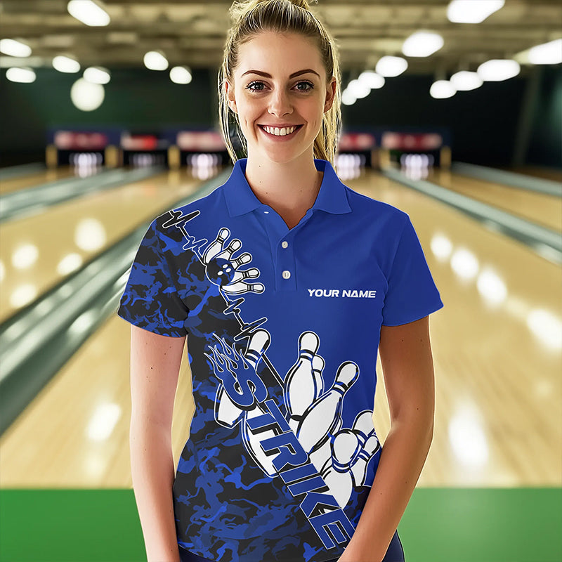 Custom Blue Camo Strike Womens Bowling Polo Shirts, Strike Team Bowling League Shirt Shirt IPHW8446