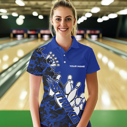 Custom Blue Camo Strike Womens Bowling Polo Shirts, Strike Team Bowling League Shirt Shirt IPHW8446