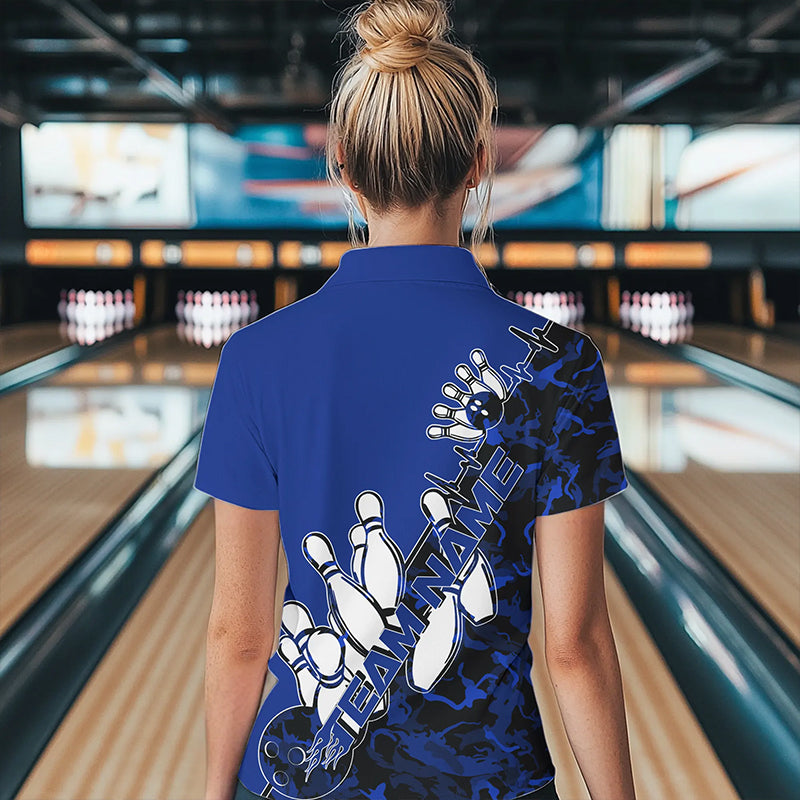 Custom Blue Camo Strike Womens Bowling Polo Shirts, Strike Team Bowling League Shirt Shirt IPHW8446