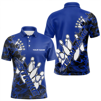 Custom Blue Camo Strike Bowling Polo Shirts For Men, Strike Team Bowling League Shirt Shirt IPHW8446