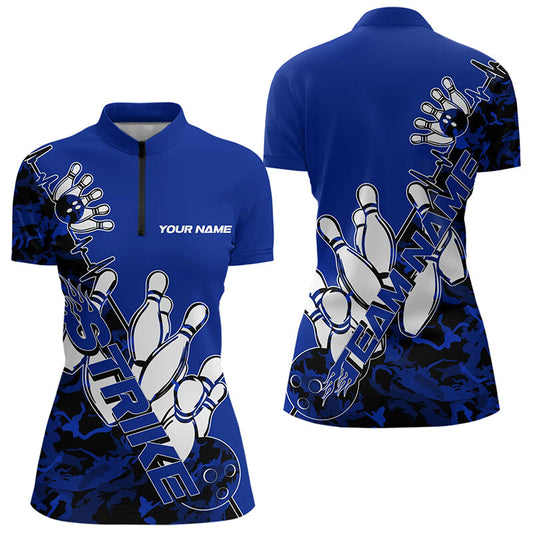 Custom Blue Camo Strike Womens Bowling Quarter-Zip Shirts, Team Bowling League Shirt Shirt IPHW8446