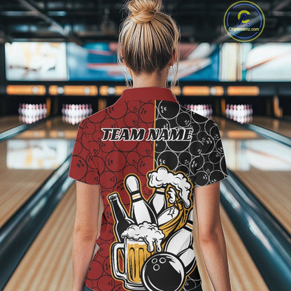 Custom Black And Red Retro Bowling Beer Team Shirts For Women, Bowling Pattern Jerseys IPHW10536