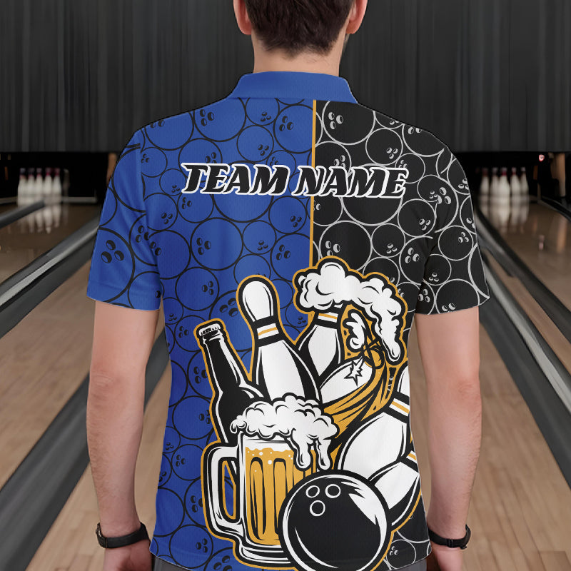 Custom Black And Blue Retro Bowling Beer Team Shirts For Men, Bowling Pattern Jerseys IPHW10537