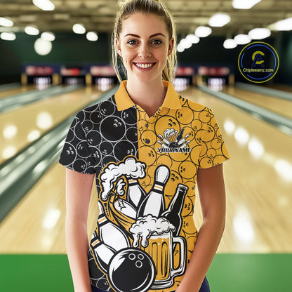 Custom Black And Yellow Retro Bowling Beer Team Shirts For Women, Bowling Pattern Jerseys IPHW10538