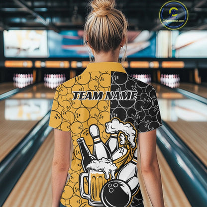 Custom Black And Yellow Retro Bowling Beer Team Shirts For Women, Bowling Pattern Jerseys IPHW10538