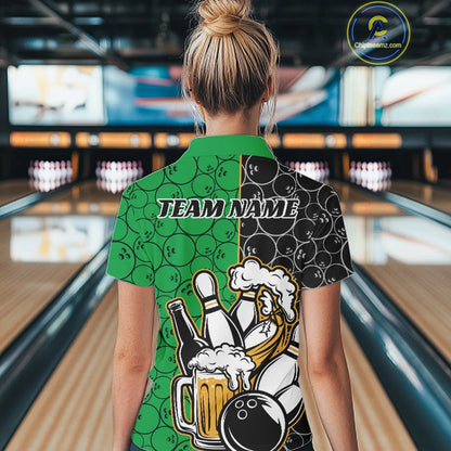 Custom Black And Green Retro Bowling Beer Team Shirts For Women, Bowling Pattern Jerseys IPHW10539