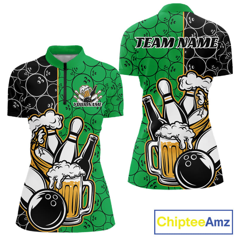 Custom Black And Green Retro Bowling Beer Team Shirts For Women, Bowling Pattern Jerseys IPHW10539
