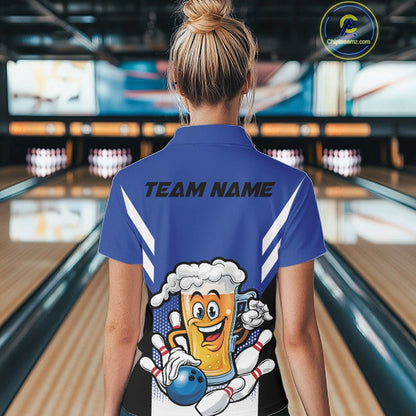 Custom Funny Blue Bowling Jerseys Bowling And Beer Women Polo Shirts, Bowling Jerseys IPHW10541