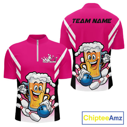 Custom Funny Pink Bowling Jerseys Bowling And Beer Men Quarter-Zip Shirts, Bowling Jerseys IPHW10542