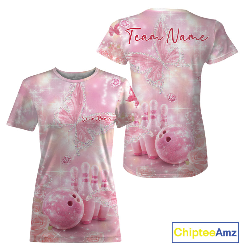 Women’s crewneck bowling shirt shown from both sides with pink glitter butterflies, sparkling diamonds, bowling pins, and bowling ball artwork.