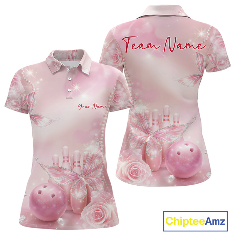 Front and back view of a women’s bowling polo shirt decorated with sparkling butterflies, diamond details, bowling pins, and a bowling ball illustration.
