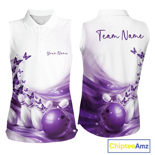 White sleeveless shirt with purple bowling design and butterfly graphics, personalized with 'Your Name' and 'Team Name'.