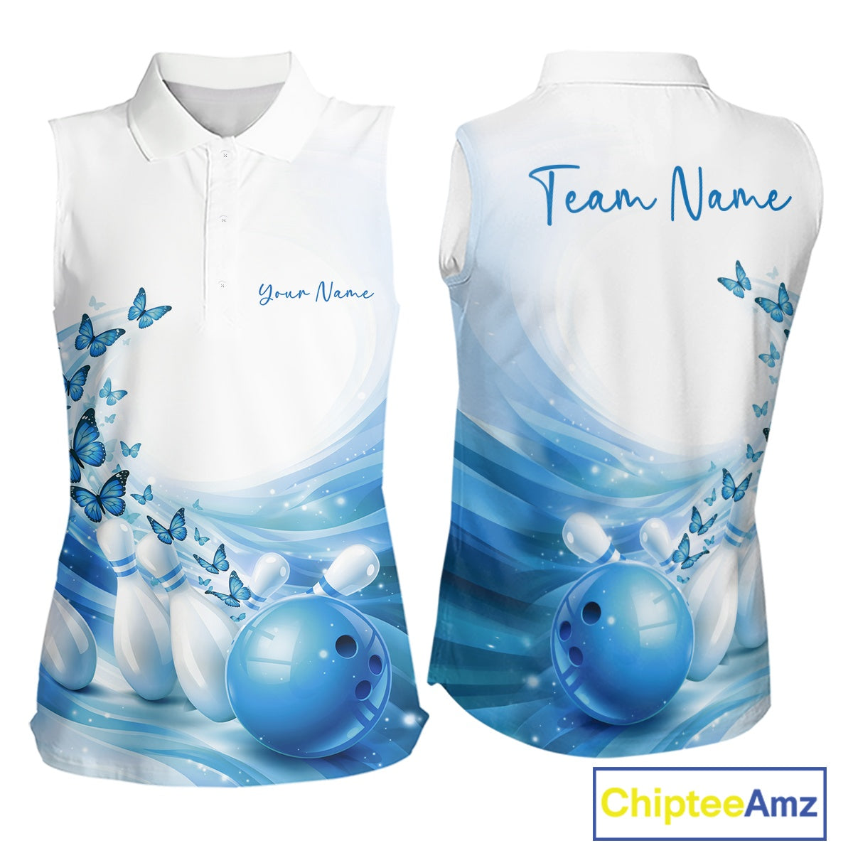 White sleeveless bowling shirt with blue and white design featuring bowling balls and butterflies, personalized with 'Your Name' and 'Team Name'.