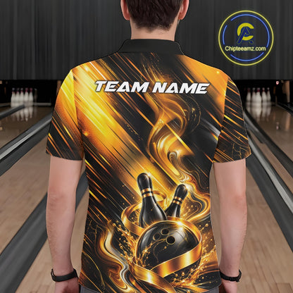 Back view of a male model wearing a bowling polo shirt featuring a black and gold bowling ball striking pins graphic with flowing metallic ribbon accents in a bowling lane.