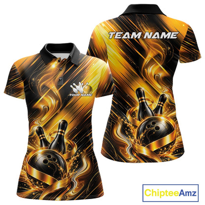 Front and back views of a women's bowling polo shirt mockup featuring a dynamic black and gold bowling ball and pins graphic with flowing metallic ribbon accents.