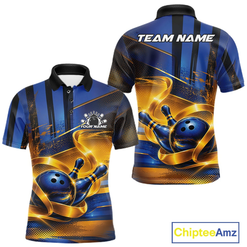 Front and back view of a men's bowling polo shirt mockup featuring a glossy blue bowling ball and pins wrapped in flowing gold ribbon accents.