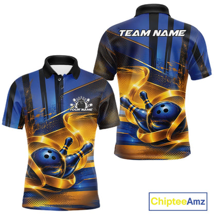 Front and back view of a men's bowling polo shirt mockup featuring a glossy blue bowling ball and pins wrapped in flowing gold ribbon accents.