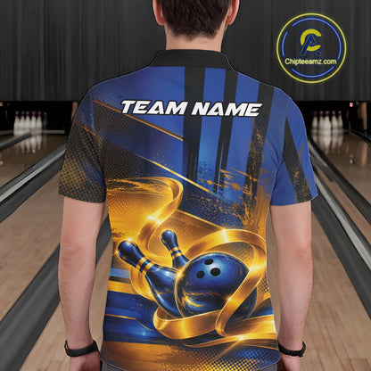 Back view of a male model at a bowling lane wearing a bowling polo shirt with a glossy blue bowling ball and pins wrapped in flowing gold ribbons.