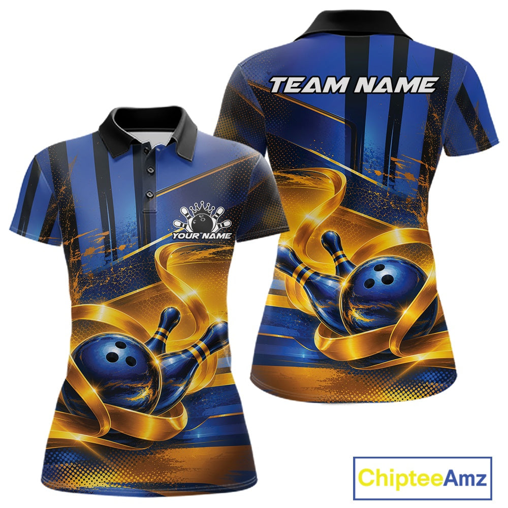 Front and back view of a women's bowling polo shirt mockup featuring a glossy blue bowling ball and pins wrapped in flowing gold ribbon accents.