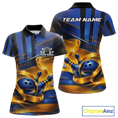 Front and back view of a women's bowling polo shirt mockup featuring a glossy blue bowling ball and pins wrapped in flowing gold ribbon accents.