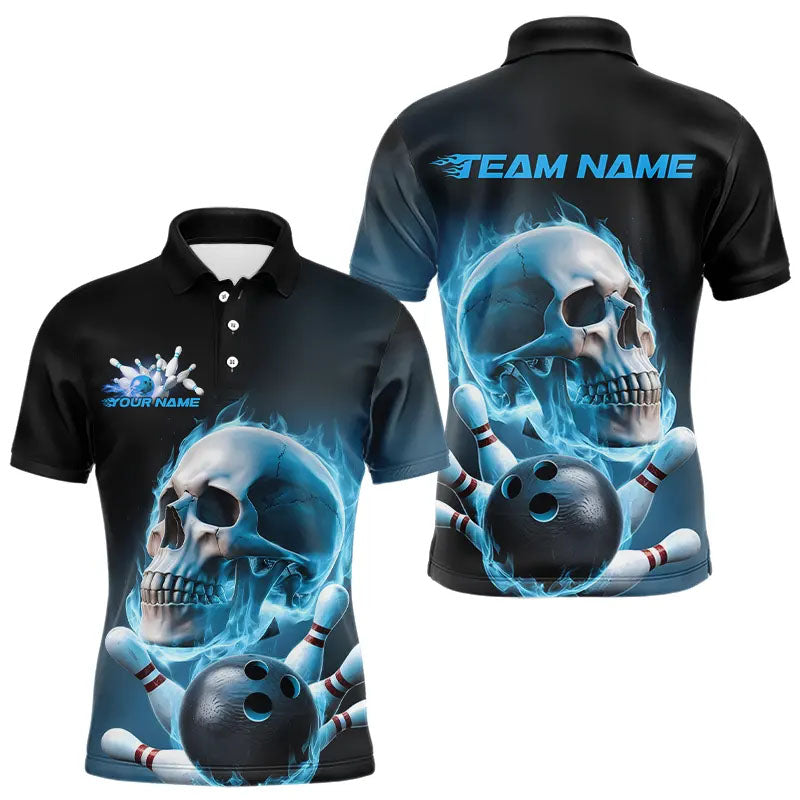 Blue Smoke Flame Custom Skull Bowling Polo Shirts For Men, Team Bowling Tournament Uniform IPHW8224