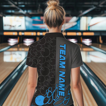 Custom Black And Blue Strike Bowling Polo Shirts For Women, Striking Team Bowling Jerseys IPHW8458