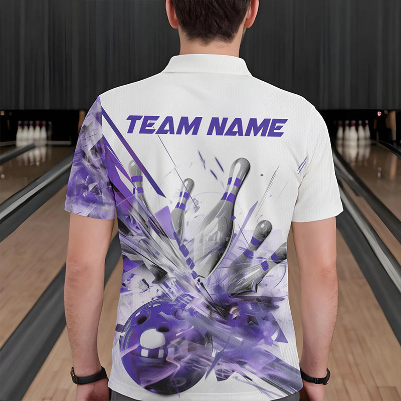 Custom White And Purple Custom Bowling Polo Shirts For Men, Bowling Tournament Team Shirt IPHW8462