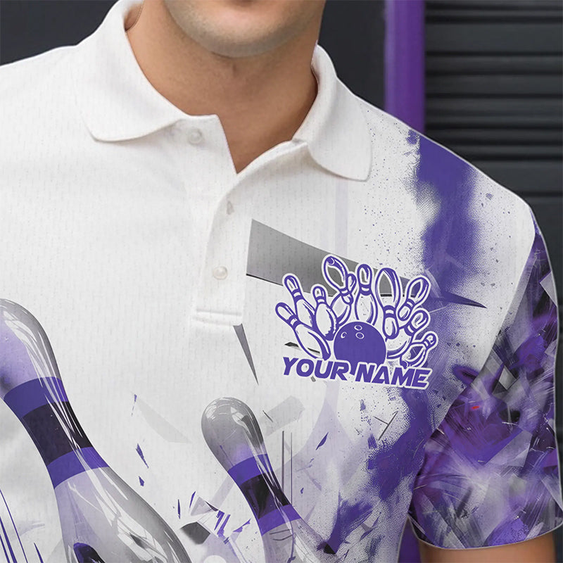Custom White And Purple Custom Bowling Polo Shirts For Men, Bowling Tournament Team Shirt IPHW8462