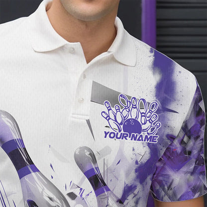 Custom White And Purple Custom Bowling Polo Shirts For Men, Bowling Tournament Team Shirt IPHW8462
