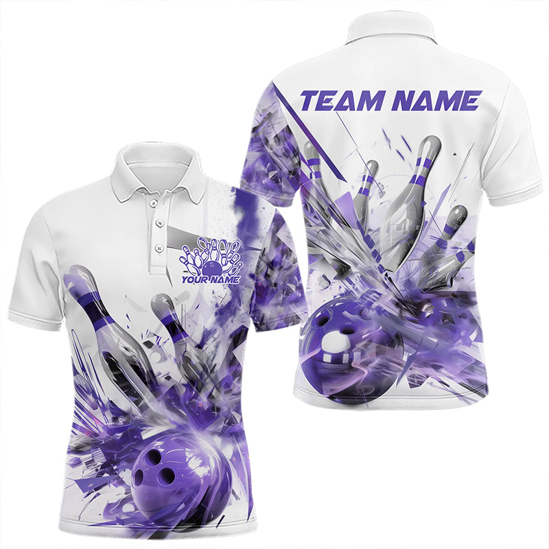 Custom White And Purple Custom Bowling Polo Shirts For Men, Bowling Tournament Team Shirt IPHW8462