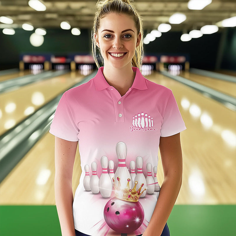 Custom Pink Bowling Queen Bowling Polo Shirts For Women, Ladies Bowling Team Shirts IPHW8463