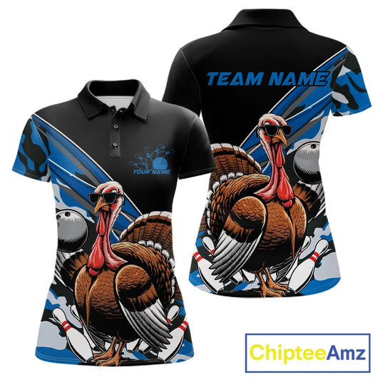 Custom Blue Camo Funny Turkey Bowling Team Shirt For Women, Turkey Bowling Jerseys IPHW10549